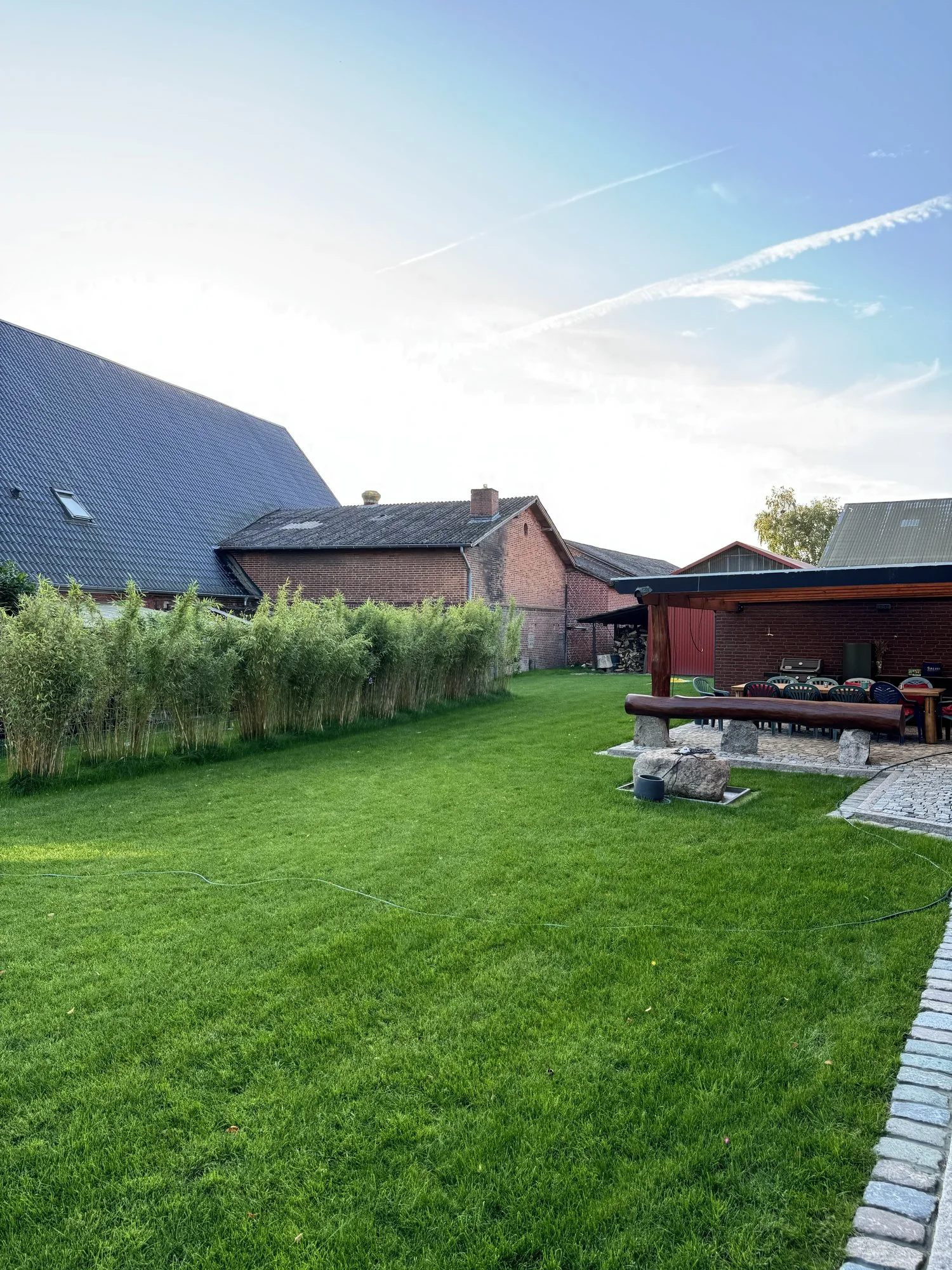 Neu angelegte grüne Rasenfläche am Haus und Sitzplatz